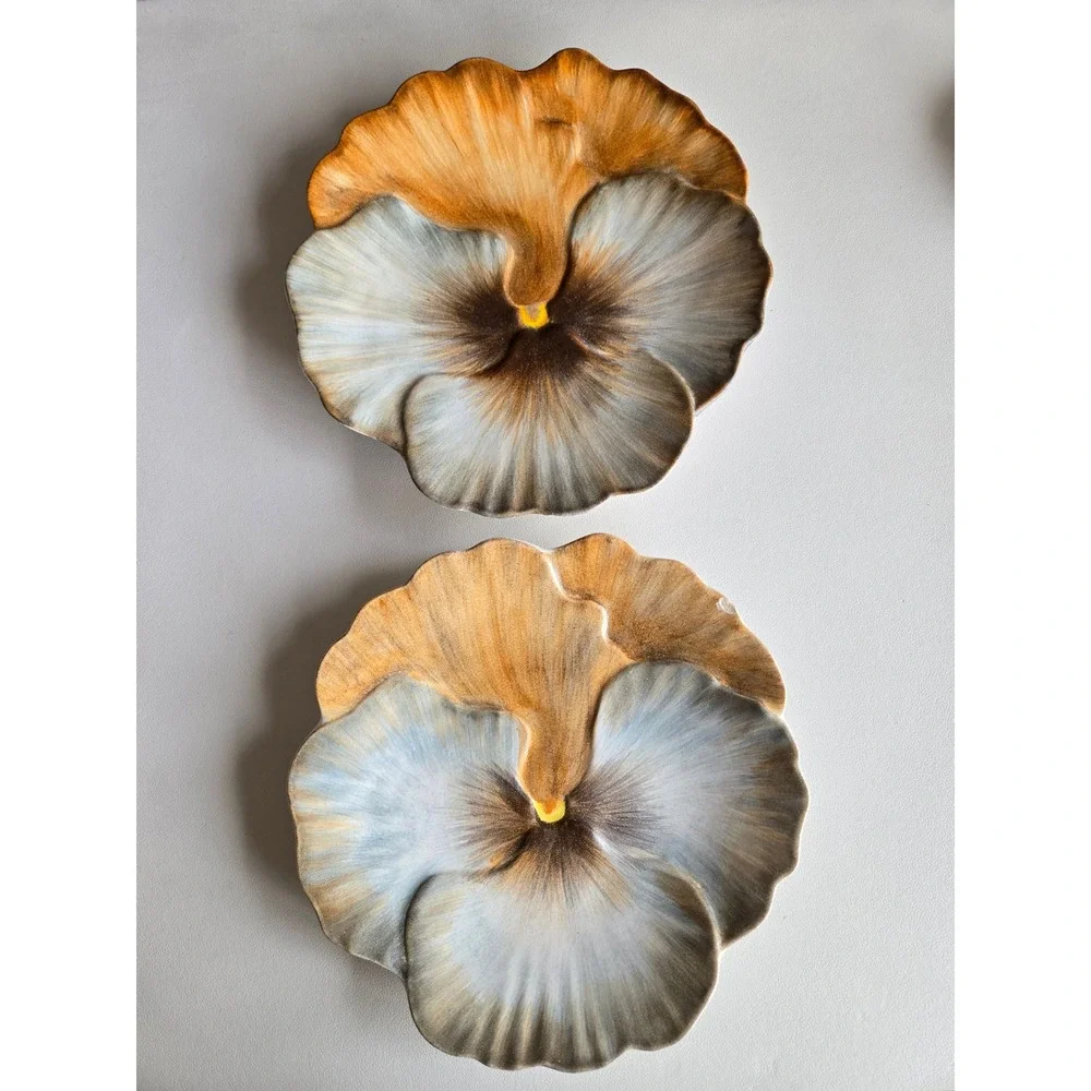 Signed Marcel Guillot France Hand Painted Pansy Flower Plates Set of 2 Vintage
